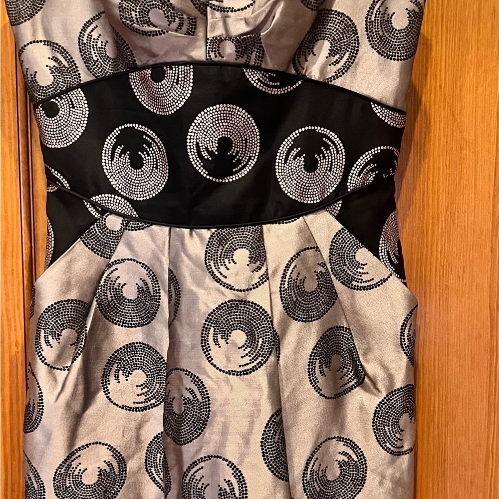 Elegant Black and Silver Patterned Dress. Strapless mini silk dress.